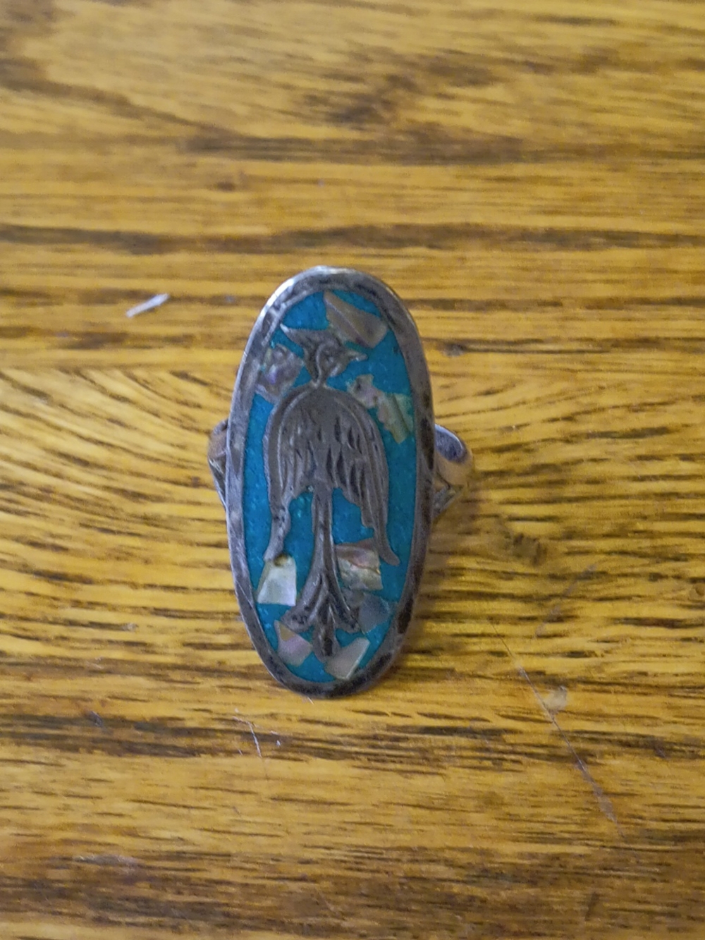 Taxco Turquoise and Mother-of-Pearl Bird Inlay Ring - Picture 2 of 7